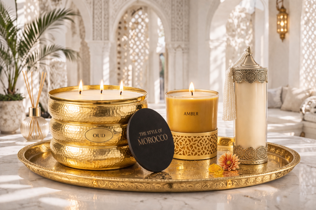Luxe geurkaarsen Oud en Amber van The Style of Morocco op een gouden dienblad in Marokkaanse stijl