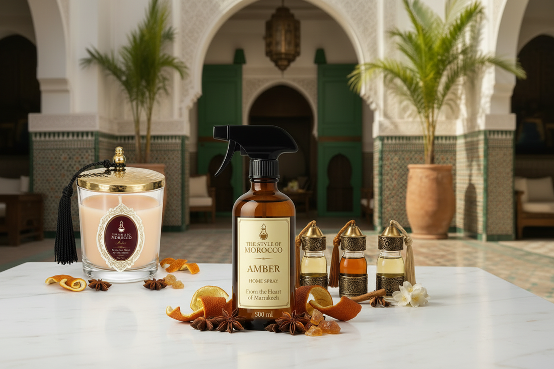 Amber home spray, geurkaars en geurolie flesjes van The Style Of Morocco op een witte marmeren tafel in een luxe Marokkaanse riad met gouden lantaarns en jasmijn bloemen
