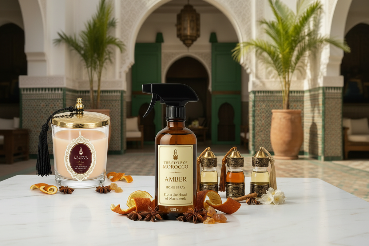 Amber home spray, geurkaars en geurolie flesjes van The Style Of Morocco op een witte marmeren tafel in een luxe Marokkaanse riad met gouden lantaarns en jasmijn bloemen