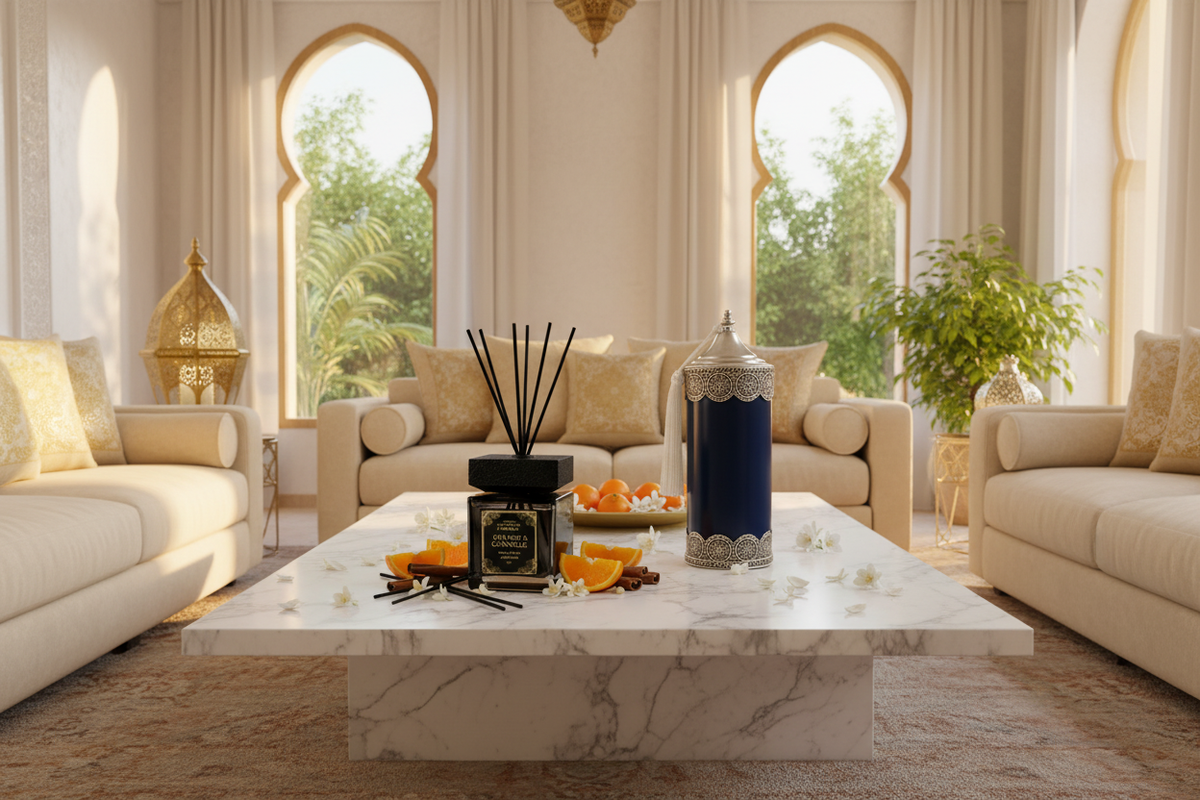 Orange & Cannelle reed diffuser en Oud Serenity kaars van The Style Of Morocco op een marmeren tafel in een luxe Marokkaans geïnspireerde woonkamer
