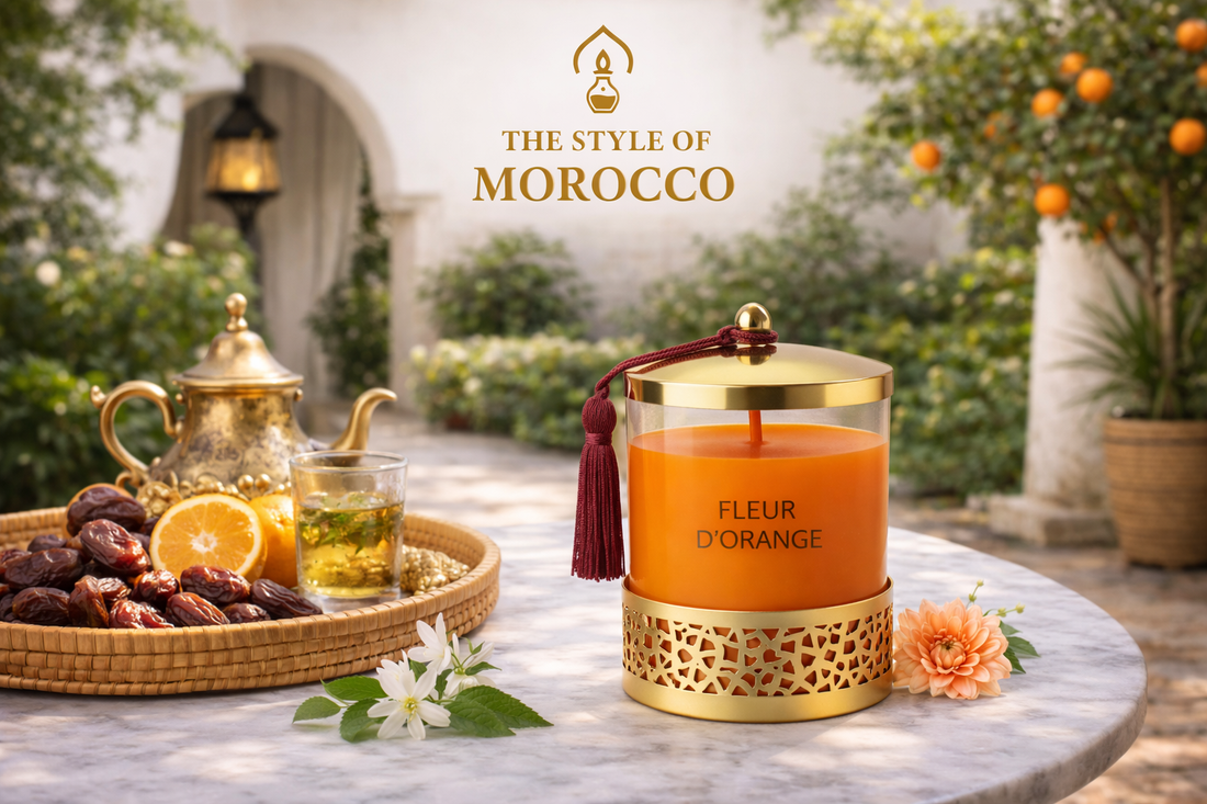 The Style Of Morocco - Fleur d'Orange geurkaars in luxe Marokkaanse setting met thee en dadels