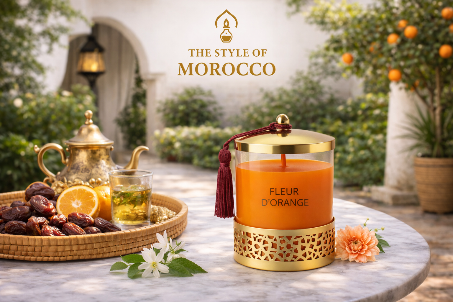 The Style Of Morocco - Fleur d'Orange geurkaars in luxe Marokkaanse setting met thee en dadels