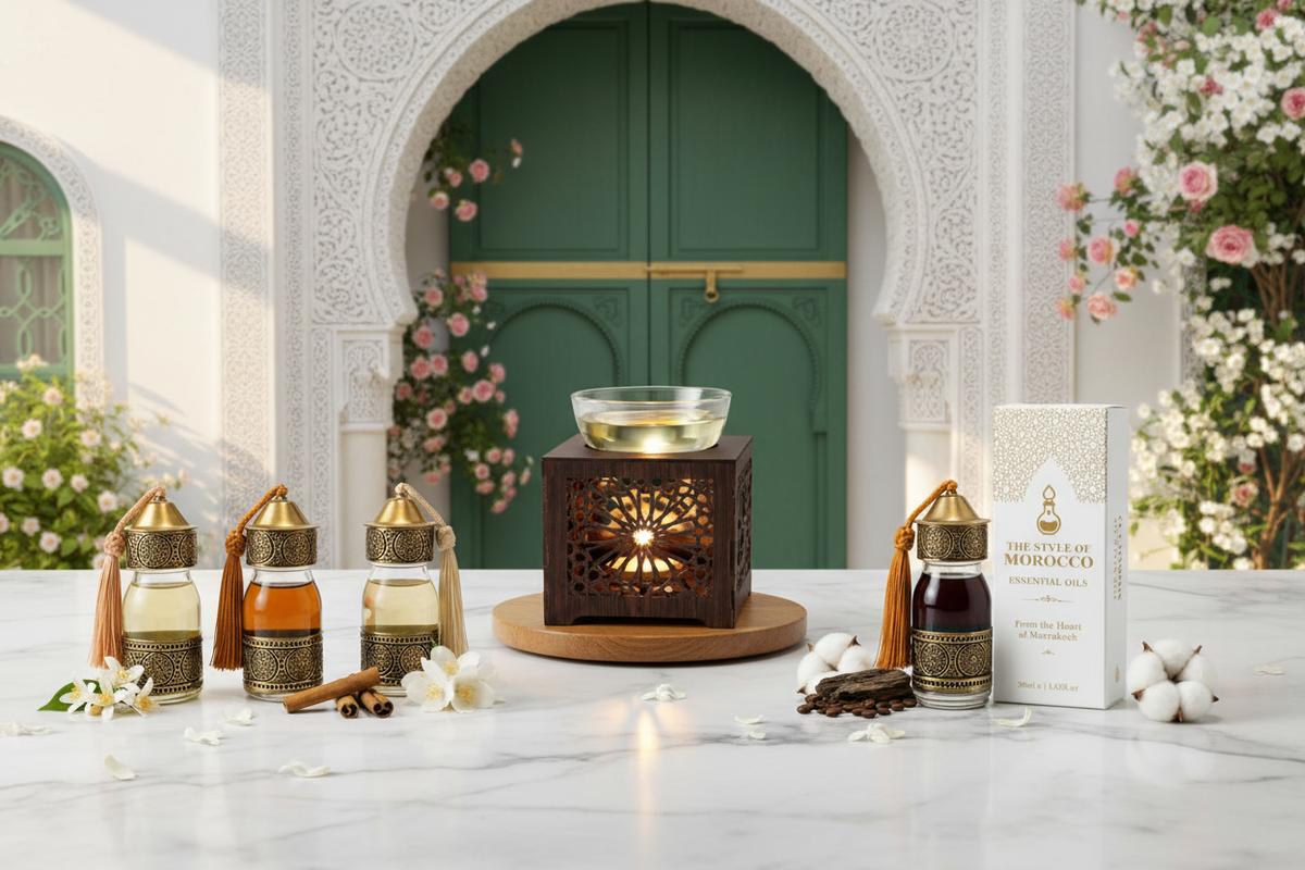 Drie Marokkaanse geurolie flesjes, houten aroma brander en Musk geurolie met luxe doos van The Style Of Morocco op een witte marmeren tafel in een riad met groene deuren en jasmijn bloemen