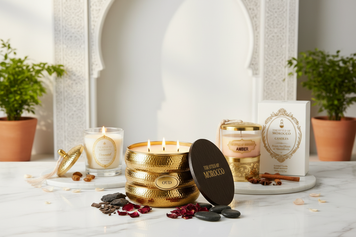 Luxe geurkaarsen van The Style Of Morocco — Amber, Oud en Oriental kaarsen op een witte marmeren ondergrond met Marokkaanse riad boog op de achtergrond