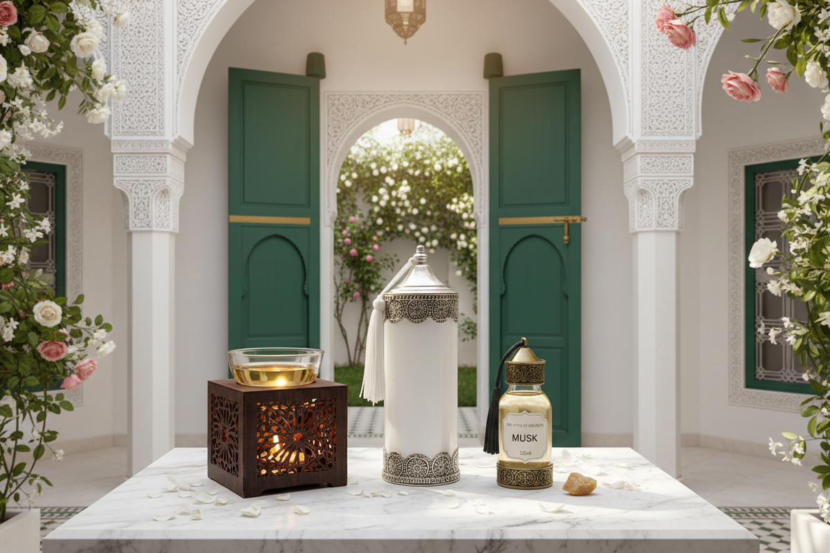 Luxe Marokkaanse huisgeuren van The Style Of Morocco — aroma brander, zilveren Serenity kaars en Musk geurolie op een witte marmeren tafel in een riad met groene deuren en bloemen