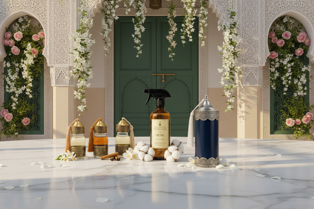 Musk home spray, Marokkaanse geurolie flesjes en blauwe Serenity kaars van The Style Of Morocco op een witte marmeren tafel in een luxe riad m