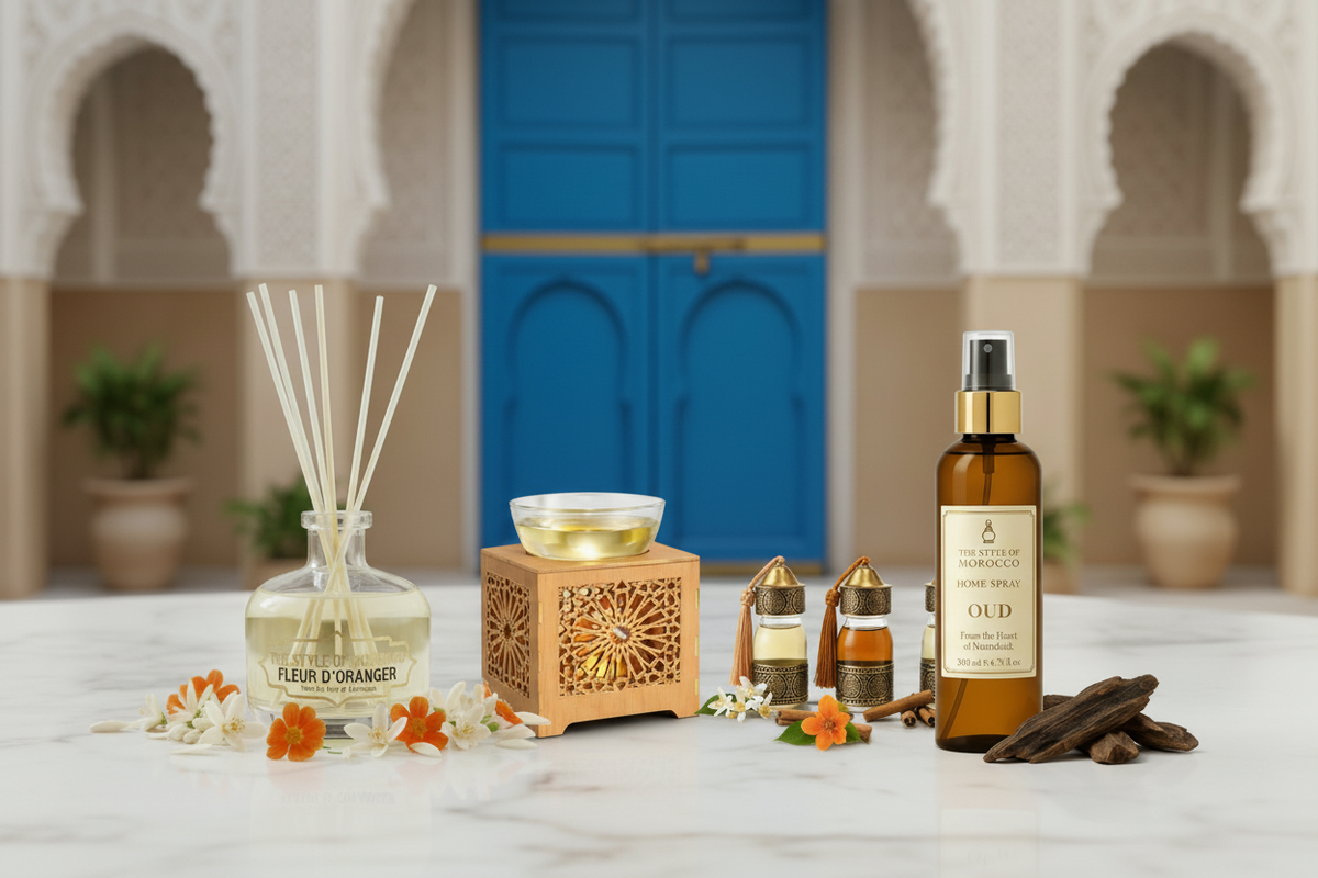  Fleur d'Oranger reed diffuser, Marokkaanse aroma brander en Oud home spray van The Style Of Morocco op een witte marmeren tafel in een