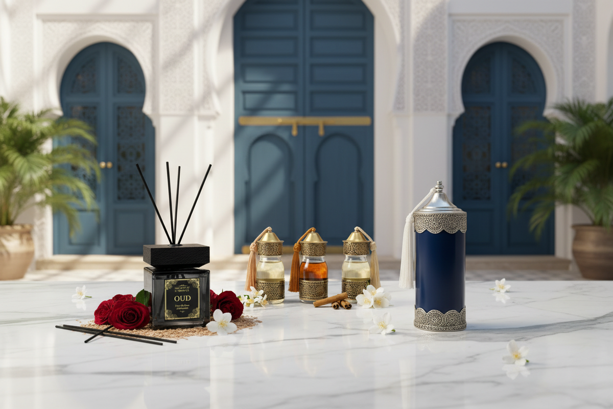 Oud reed diffuser, geurolie set en Marokkaanse decoratie van The Style Of Morocco op een witte marmeren tafel in een luxe Marokkaanse riad met blauwe deuren
