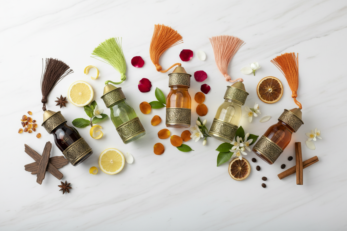Zes luxe Marokkaanse geurolie flesjes van The Style Of Morocco met gouden filigrain dop en gekleurde kwastjes op een witte marmeren ondergrond — Oud, Verveine Citronnelle, Amber, Fleur d'Oranger, Musk en Orange Cannelle