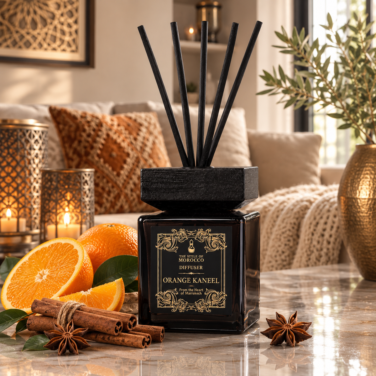 Orange & Cannelle Signature Diffuser zwart 500ml sfeerbeeld – The Style Of Morocco