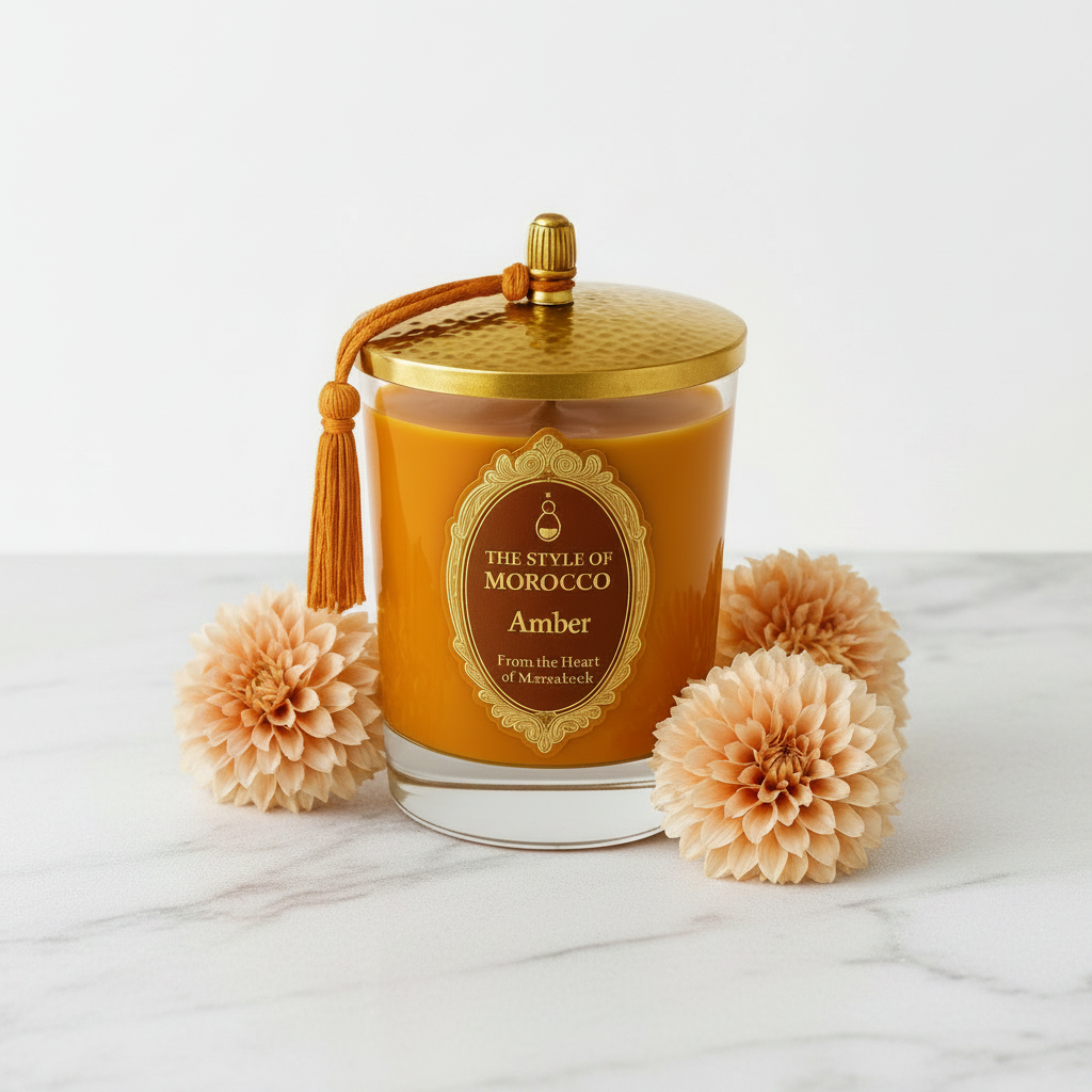 Amber Candle met Bloemen – Luxe Wit