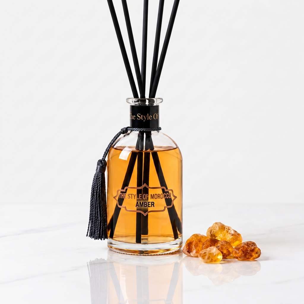 Amber diffuser met wit marmer en bijna witte achtergrond