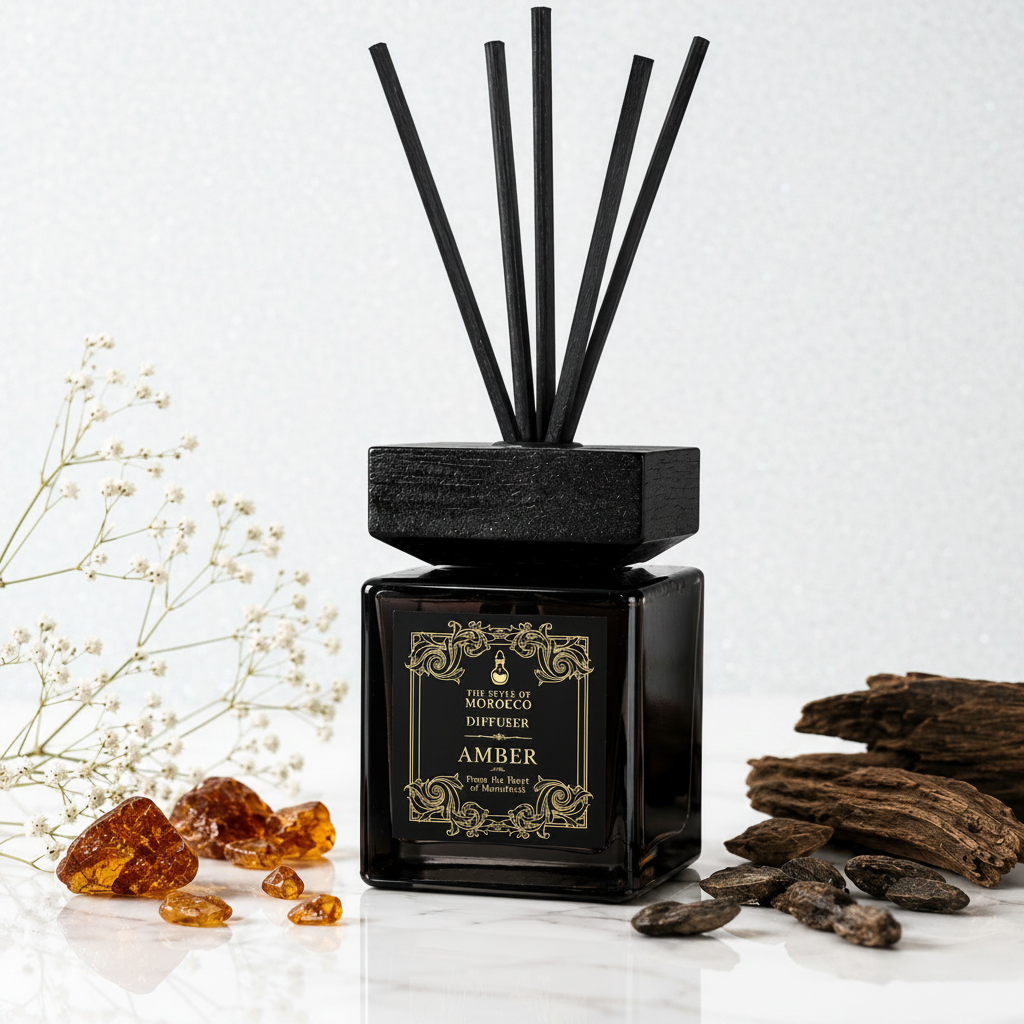 Amber Signature Diffuser zwart 500ml sfeerbeeld huiskamer – The Style Of Morocco