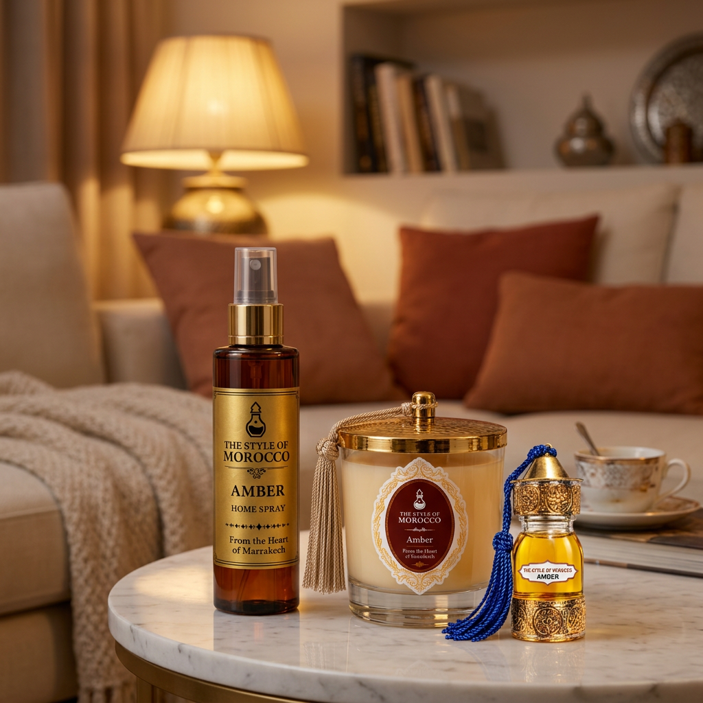 Amber-set in een gezellige woonkamer met warm avondlicht, zachte plaids en terracottakussens