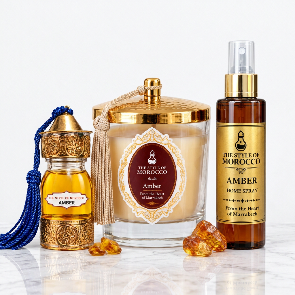 Amber-set met vrijwel witte achtergrond op wit marmer
