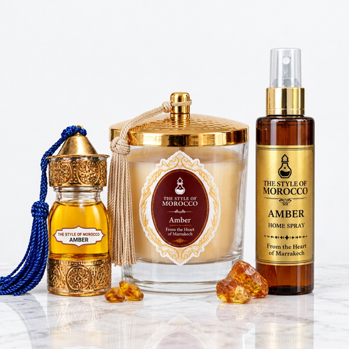 Amber-set met vrijwel witte achtergrond op wit marmer