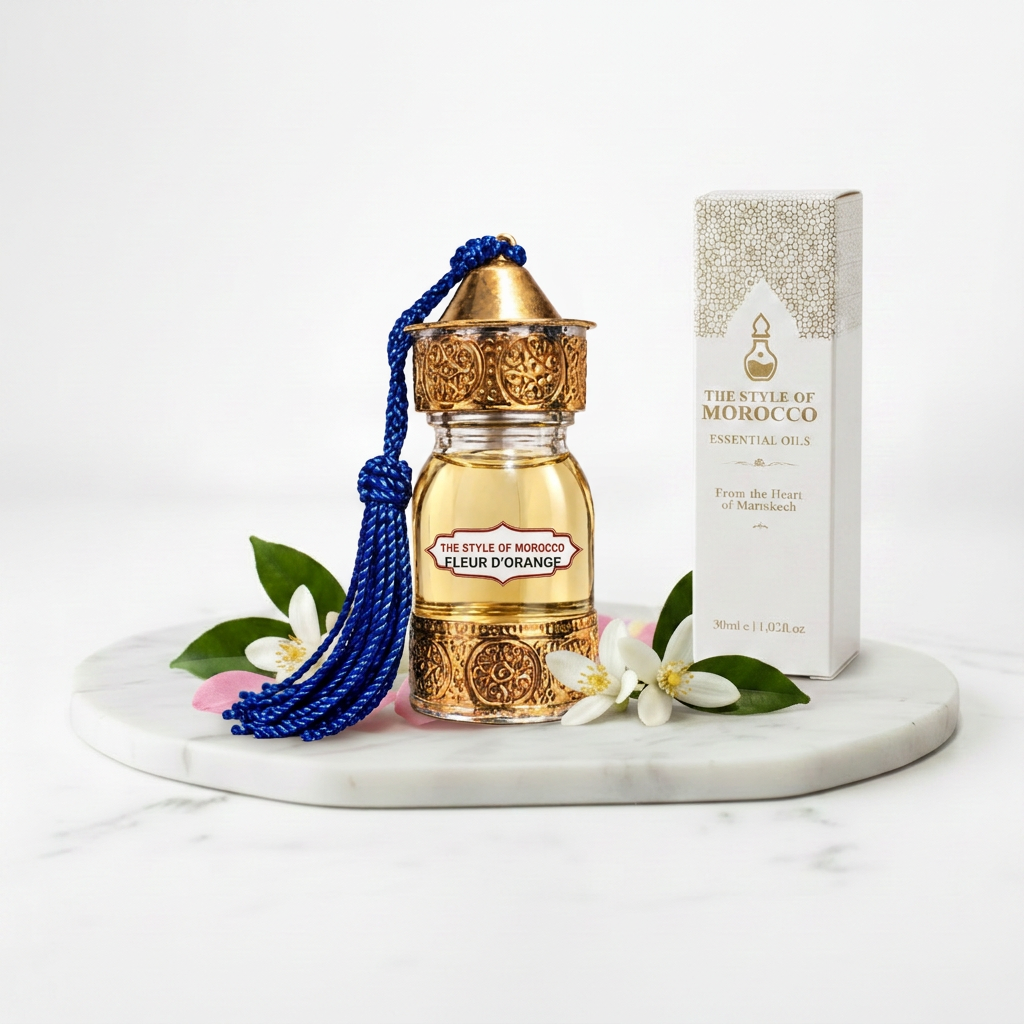 Fleur d’Orange-fles met blauwe kwast en doos ernaast