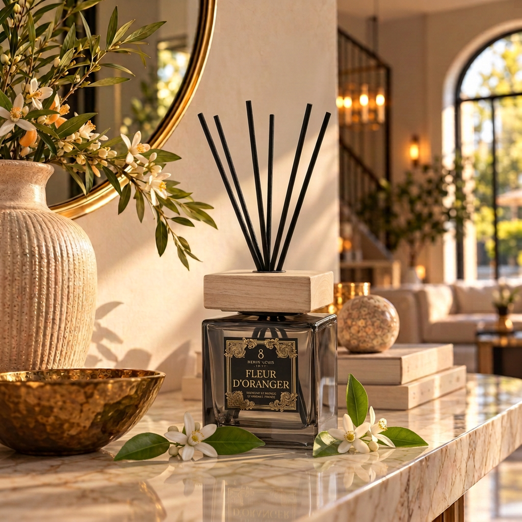 Fleur d’Oranger-diffuser met houten dop en oranjebloesem in een warme luxe entree
