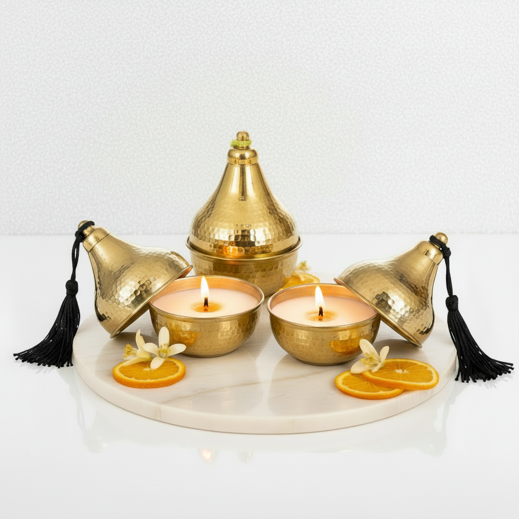 Gouden kaarsenset met brandende lontjes