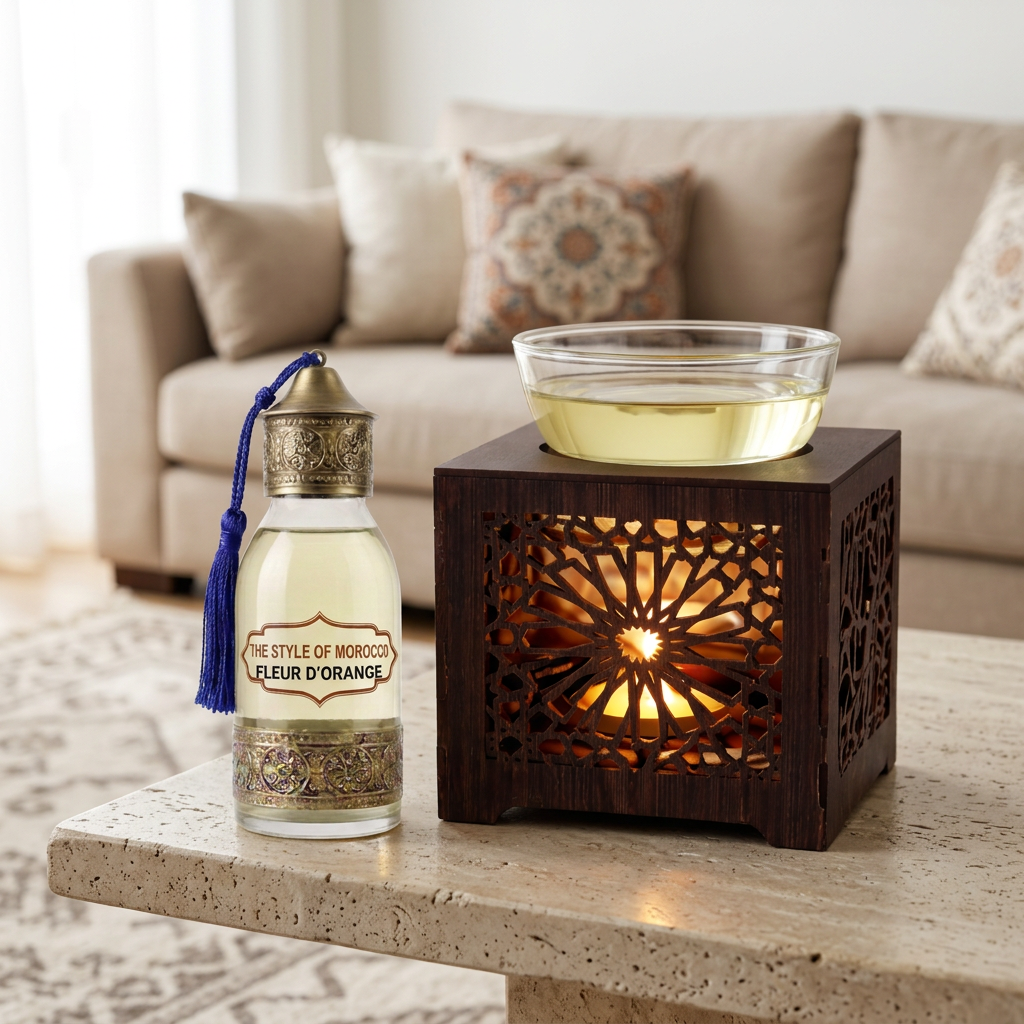 Grotere brander naast Fleur d’Orange-fles in een lichte huiskamer
