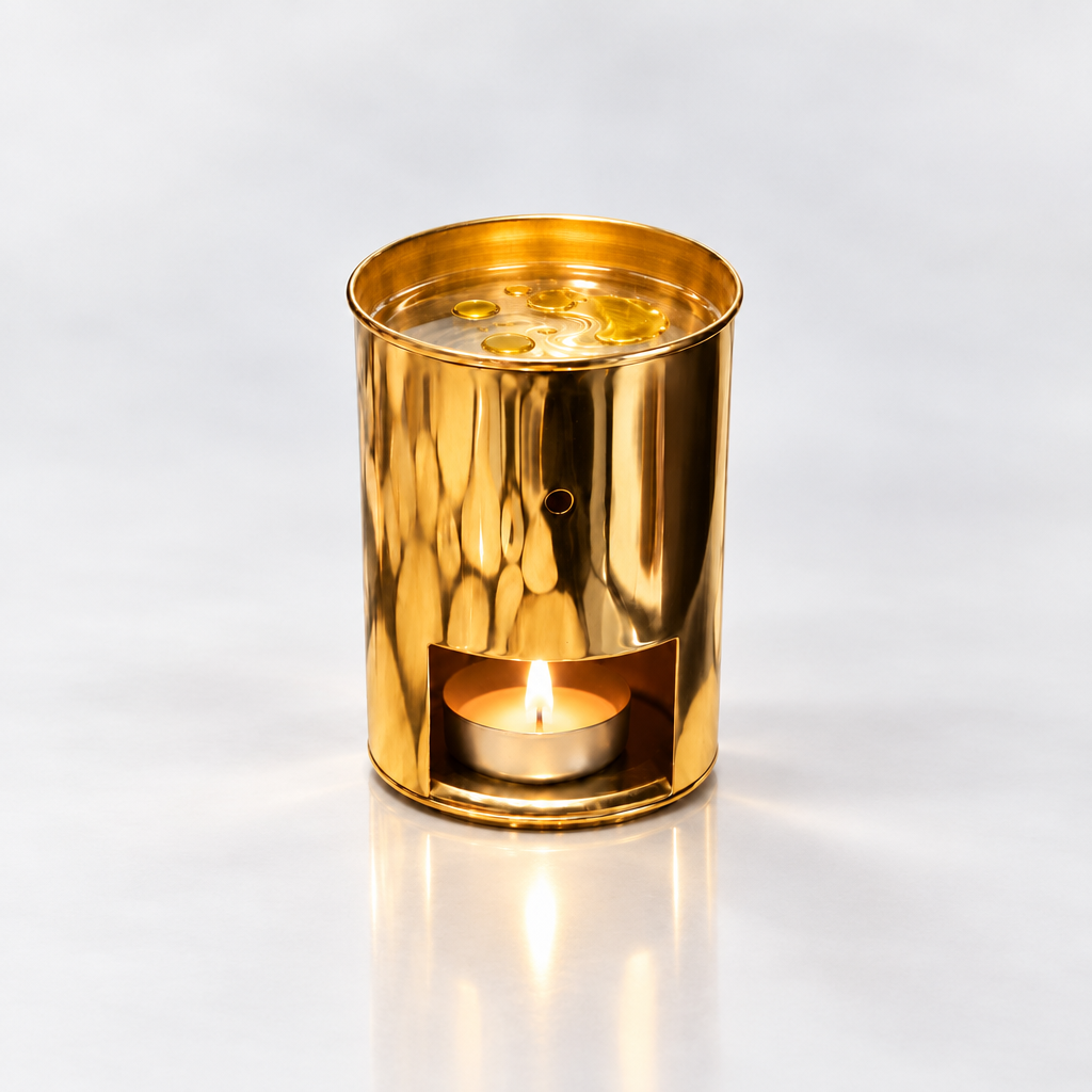 Vierkante productfoto van de goudkleurige Éclat d’Or aromabrander met schaaltje bovenop en brandend waxinelichtje