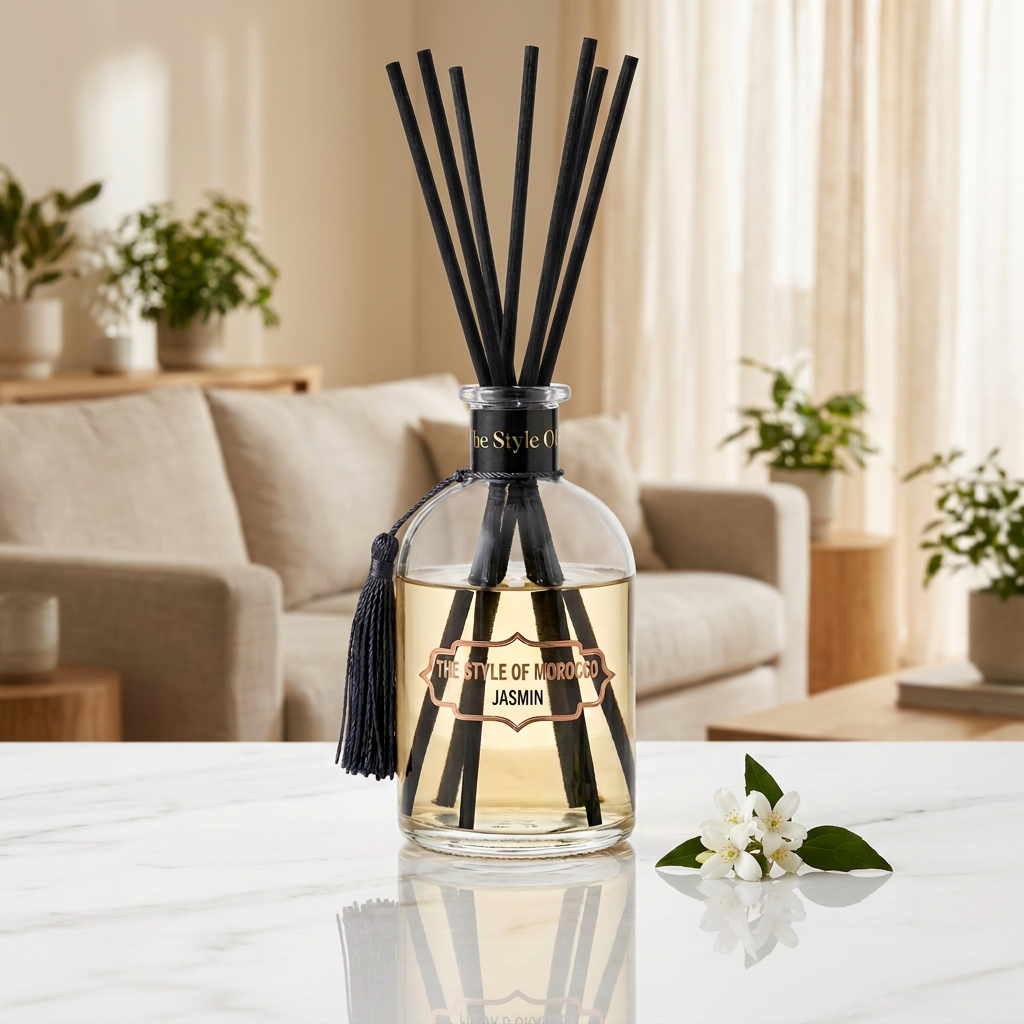 Jasmin diffuser in een lichte warme woonkamer