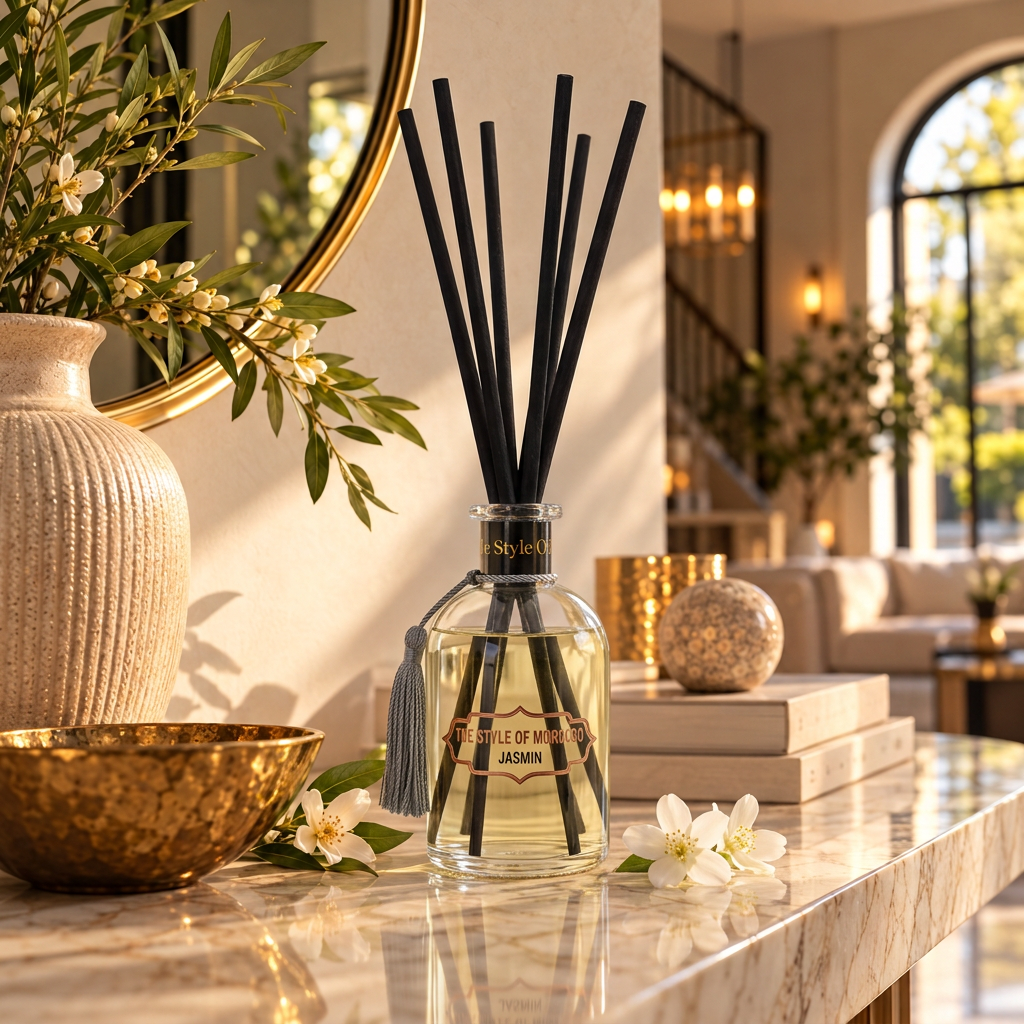 Jasmin in een warme hal met gouden spiegel en marmeren sidetable
