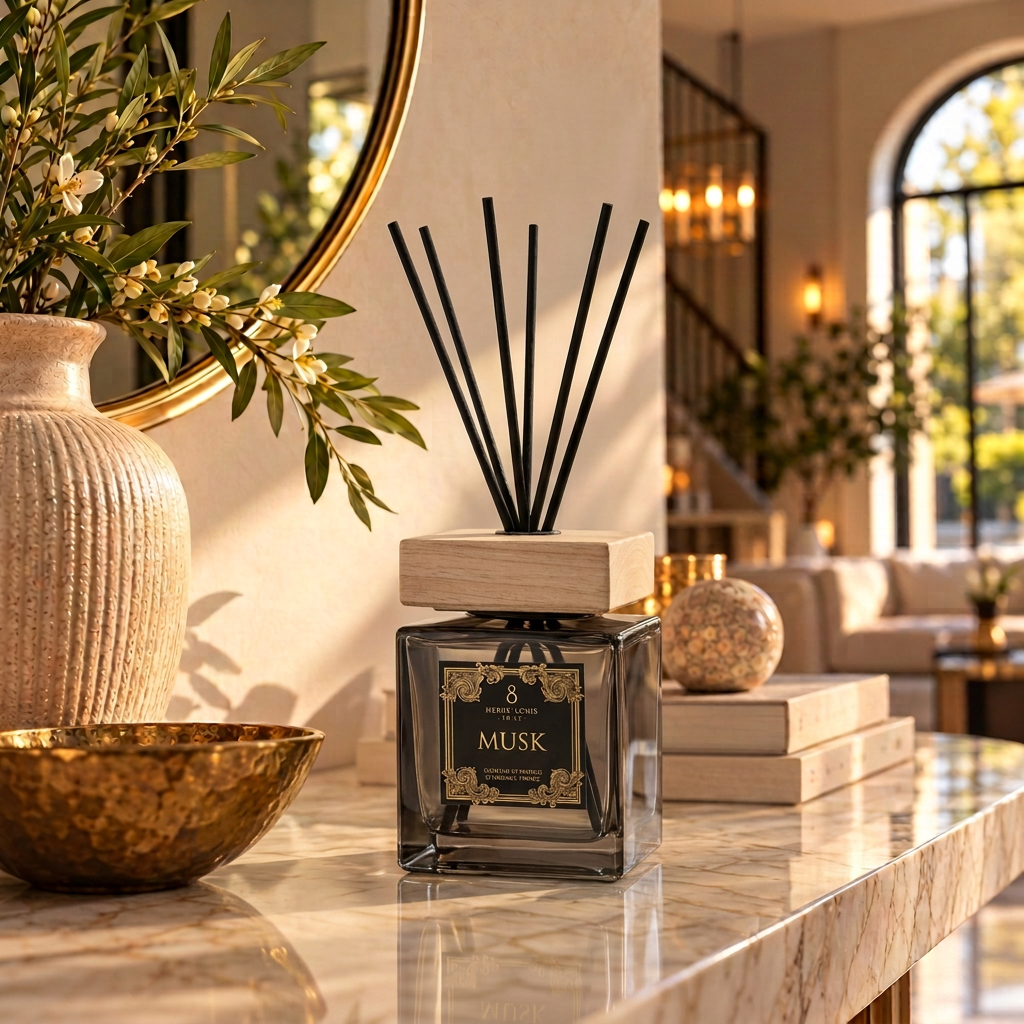 Musk-diffuser met houten dop in een warme luxe entree