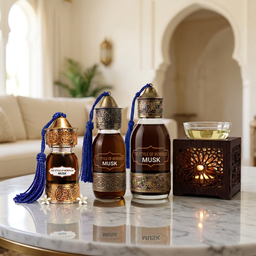 Musk in drie maten met aromabrander in een woonkamer