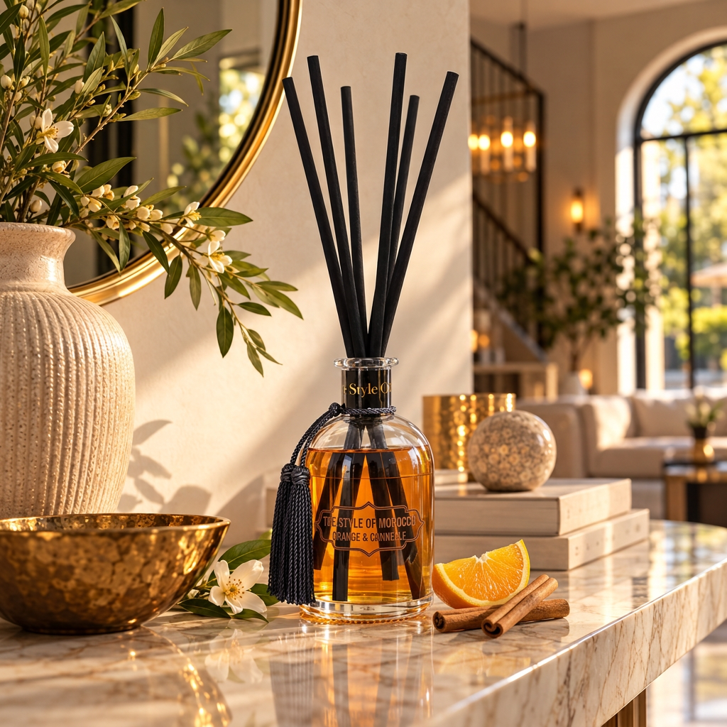 Orange & Kaneel in een warme hal met gouden spiegel en marmeren sidetable