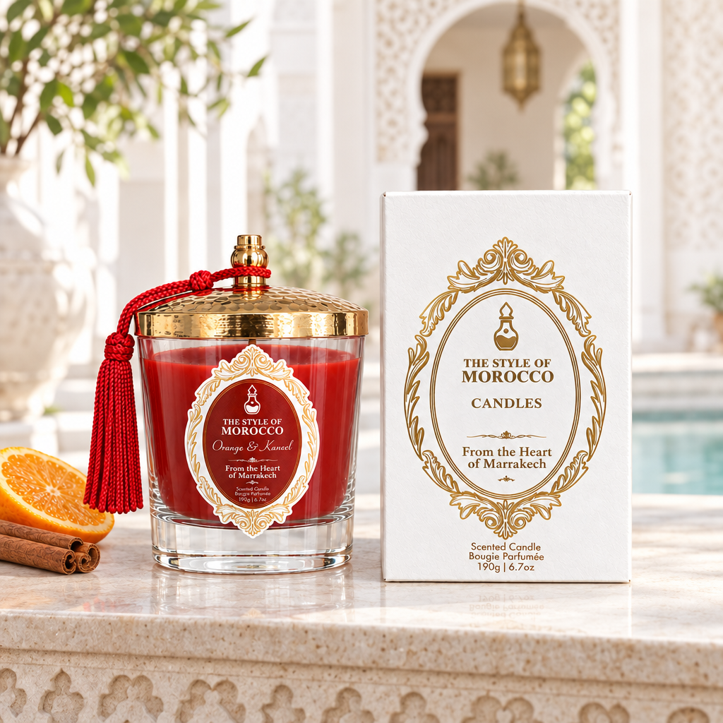 Orange & Kaneel-kaars met geschenkdoos in een riad