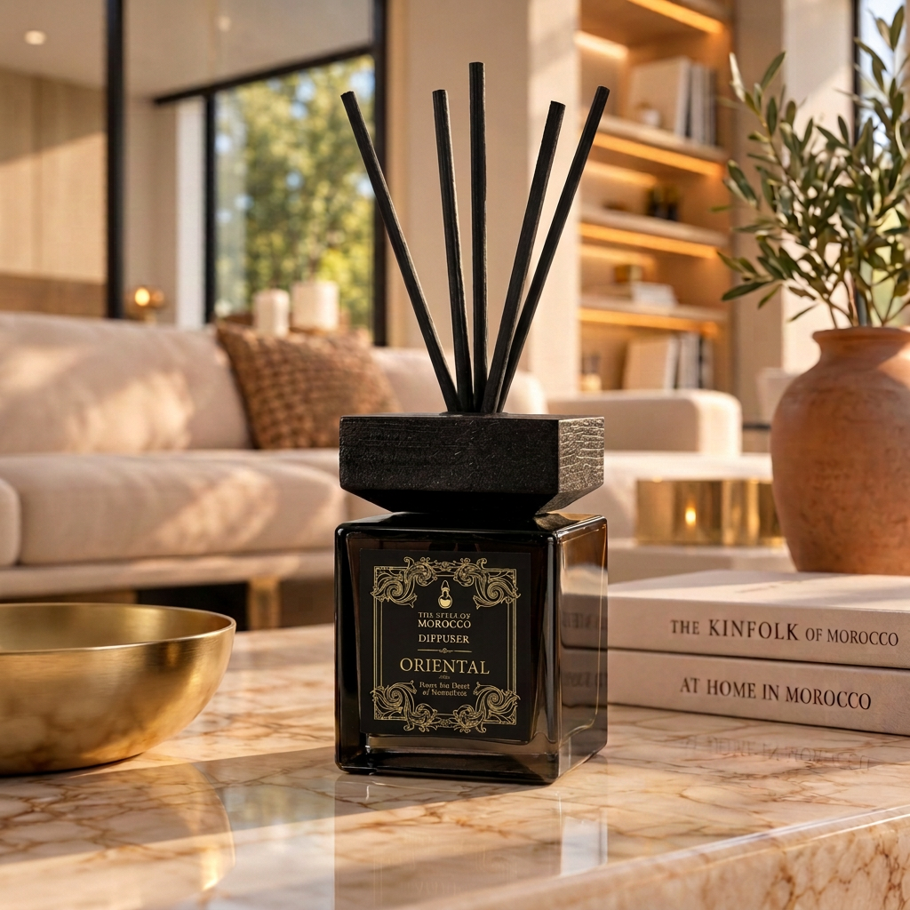 Oriental-diffuser in dezelfde warme, luxe woonkamer