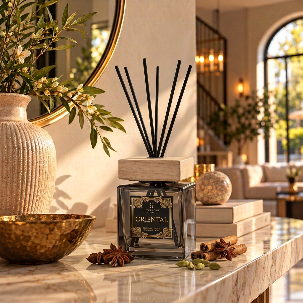 Oriental-diffuser met houten dop en specerijen in een warme luxe entree