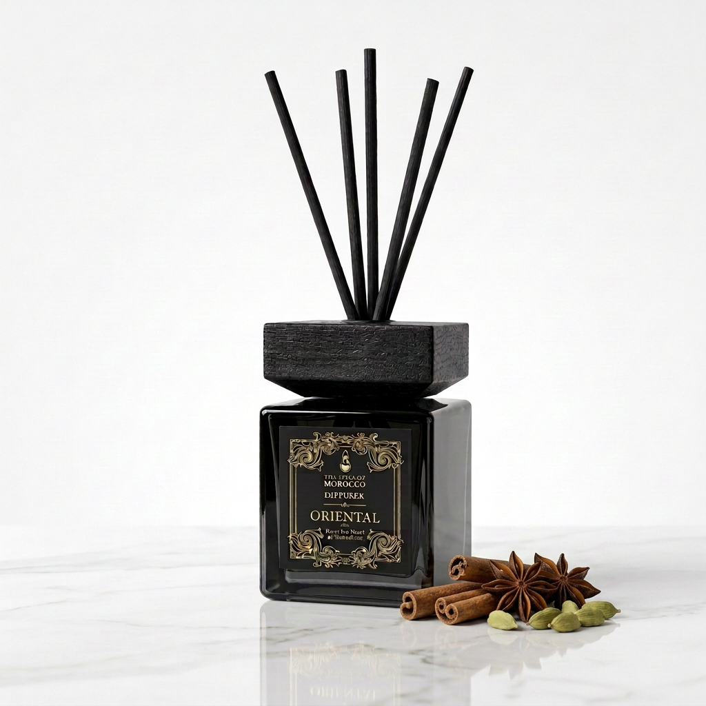 Oriental-diffuser met oosterse specerijen op hoogglanzend wit marmer