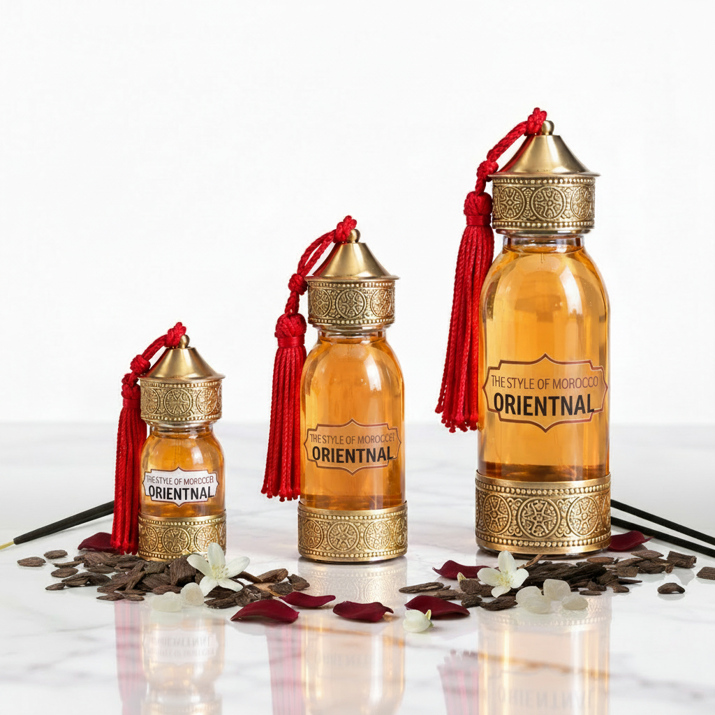 Set van drie geurolieflessen Oriental in 30 ml, 60 ml en 125 ml op lichte studio-achtergrond