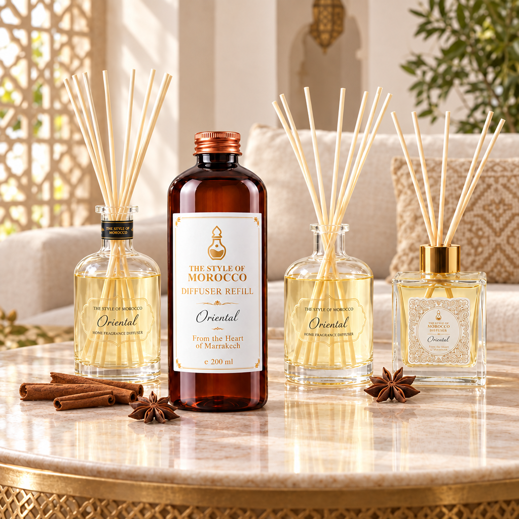 Oriental navulling met diffusers in een Marokkaanse woonkamer