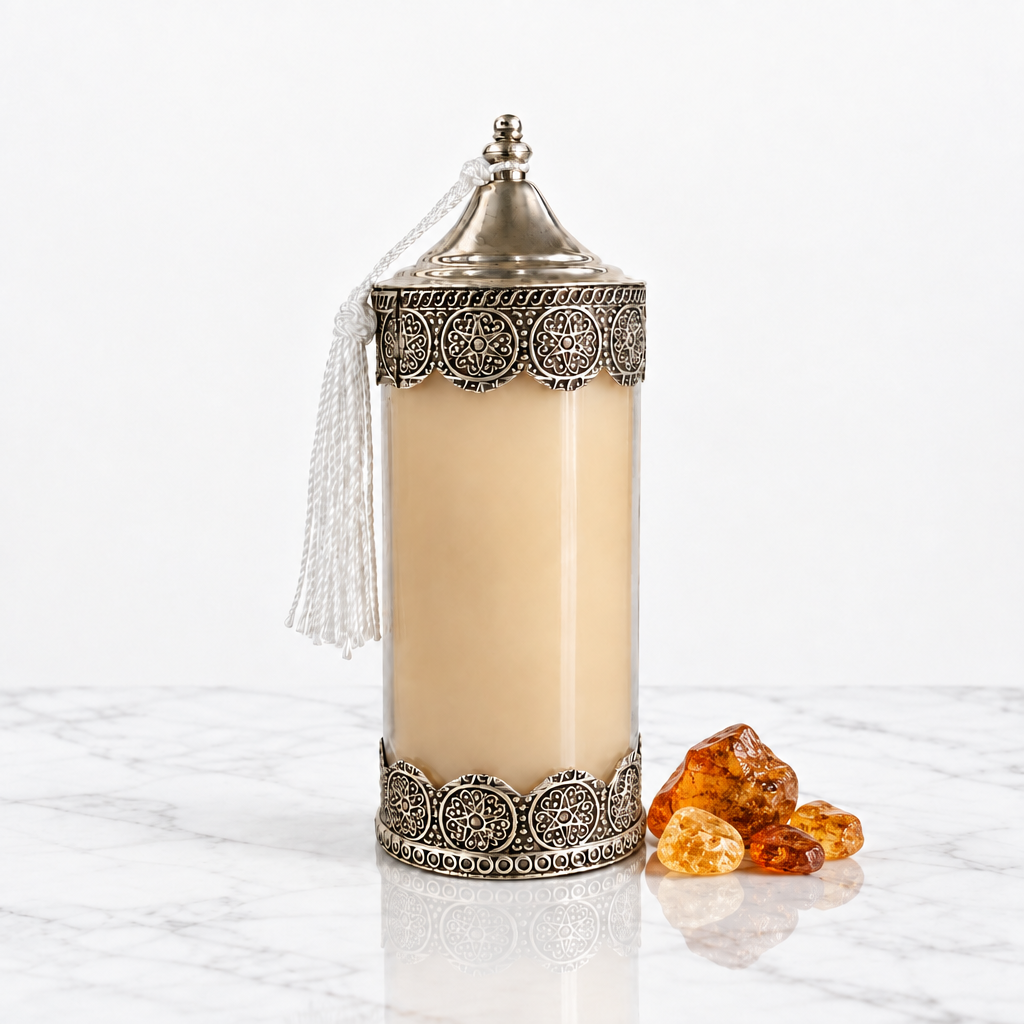 Silver Serenity Amber met amberkleurig element op hoogglans marmer