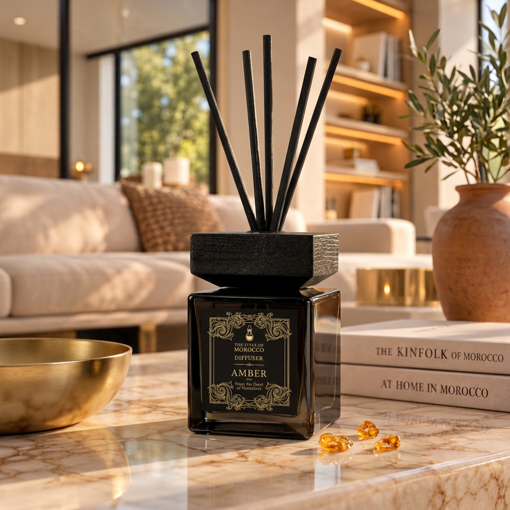 Zwarte Amber-diffuser in een warme luxe woonkamer met marmer en gouden licht