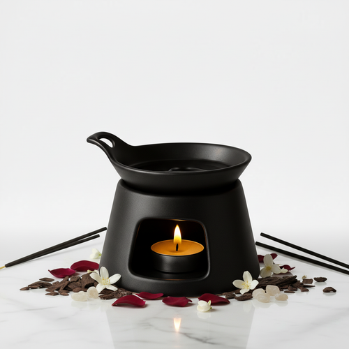 Zwarte aromabrander op witte home-spray-productachtergrond
